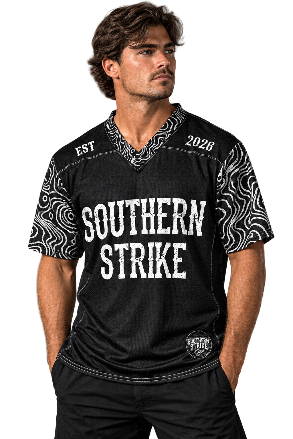 Model wearing the Southern Strike Grey Strike Jersey